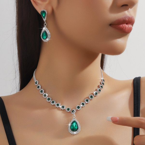 Fashion Bridal Jewelry Sets for Women Pink Blue Green Rhinestone Crystal Drop Pendant Luxury Wedding Necklaces Earrings Sets