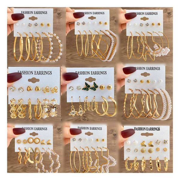Women's Trendy Gold-Plated Hoop Stud Earrings Set New Pearl Heart Circle Design Geometric Alloy Diamond for Gifts
