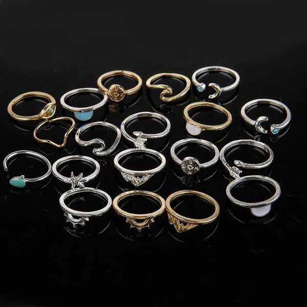 Female Arrow Sun Starfish Compass Moon Eye Wave Designer Jewelry Ring Set Vintage Gold Plated Alloy Sample Engagement Rings