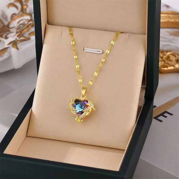 Light Luxury Fast Clavicle Chain Pendant Necklace Blue Purple Crystal Ocean Heart For Women Trendy Stainless Steel Factory