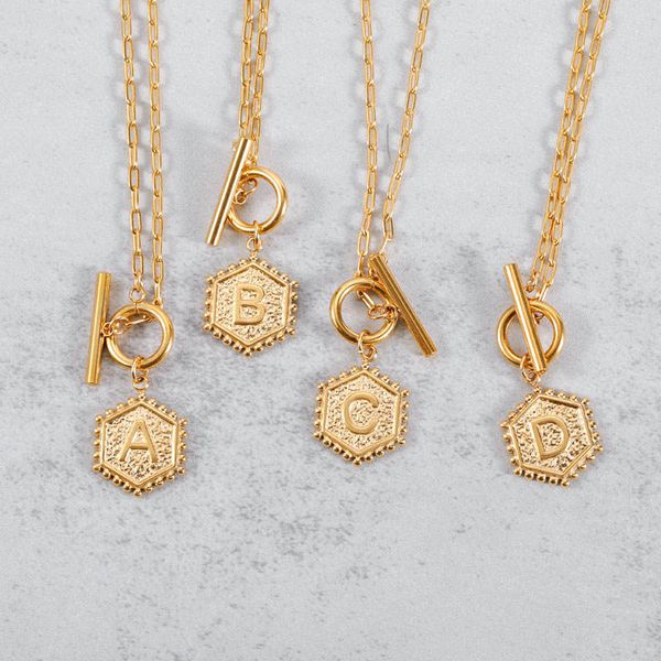Trendy 18K Gold Plated Stainless Steel Hexagonal Letter Necklace 26 English Letter Pendant Necklace For Women