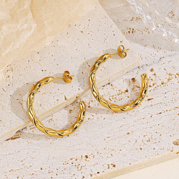 18K Gold Plated Twisted Wire Hoop C Shape Stainless Steel Earrings for Women Dangle Stud Earrings