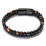 Unisex Double Tiger Eye Beaded Natural Stone Leather Bracelet Classic & Fashionable Charm Bracelets for Men and Women's