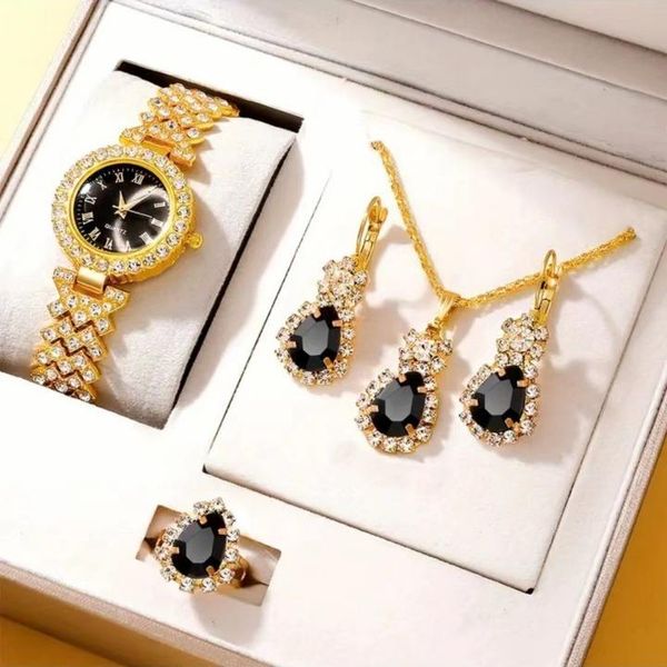 Four-Piece Set Luxurious Women's Watches Diamond-Encrusted Roman Numeral Quartz Watches 30mm Fashionable Design for Cross-Border