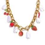 JINYOU 1521 PVD Plated Stainless Steel Chain Handmade Jewelry Sweet Simulated Pearls Strawberry Cherry Drop Necklace Bracelet