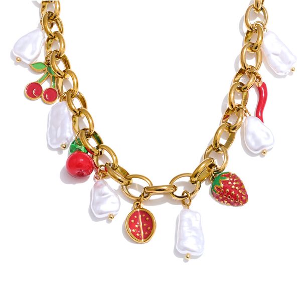JINYOU 1521 PVD Plated Stainless Steel Chain Handmade Jewelry Sweet Simulated Pearls Strawberry Cherry Drop Necklace Bracelet