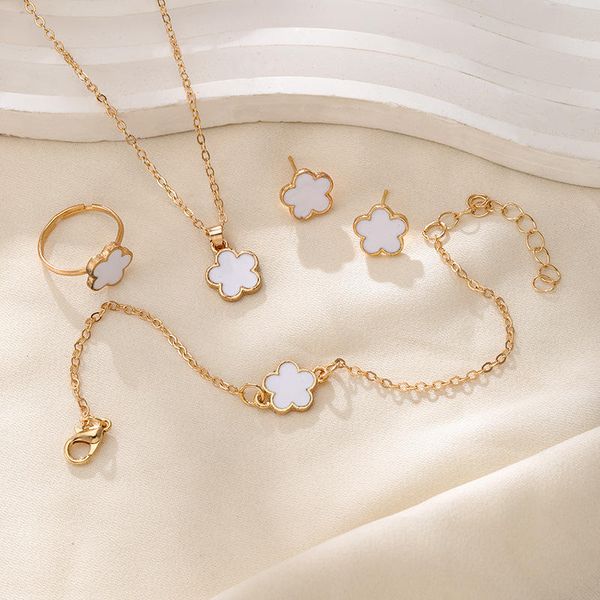 Elegant Simple Hot Sale Five Leaf Colorful Flowers Alloy Bracelet Ring Necklace Earrings Set