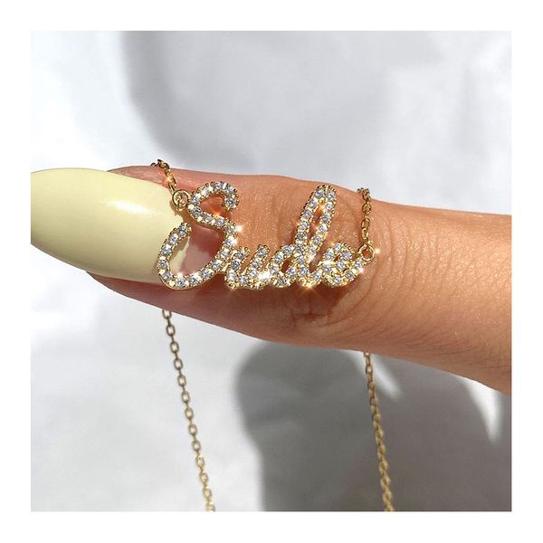 Custom Crystal Personalized Name Necklace Stainless Steel Full Cubic Zirconia Name Pendant Necklace for Women