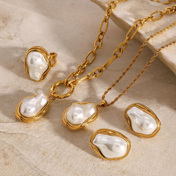 Gold Plated Fashion Jewelry Baroque Pearl Pendant Necklace Earrings Ring Set for Women Unique Design Wholesale Accessories