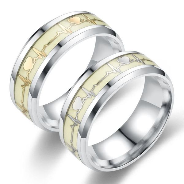 Fashion Stainless Steel Luminous Ring For Women Men Glowing In Dark Heart Couple Wedding Bands Jewelry Gift Accessories Ring