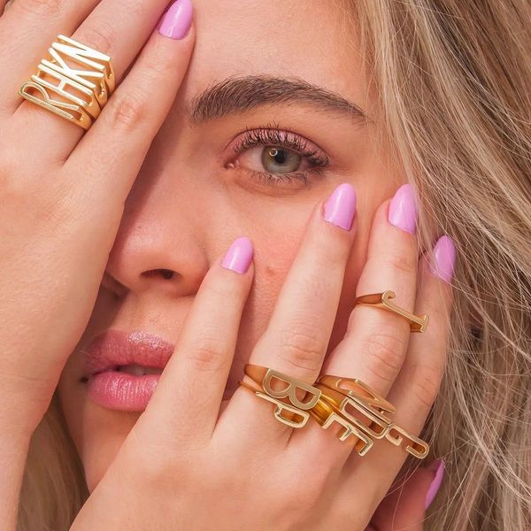 YICAI Trendy Real Gold Plated A-Z Initial Letter Open Ring for Women Stackable DIY Name Initials Alphabet Ring