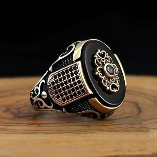 Vintage Men Silver Color Ottoman Black Onyx Stone Jewelry Fashion Mens Rings
