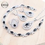 Luxury Black Cubic Zircon 925 Silver Bridal Jewelry Sets for Women Wedding Costume Earrings Ring Bracelet Pendant Necklace Set