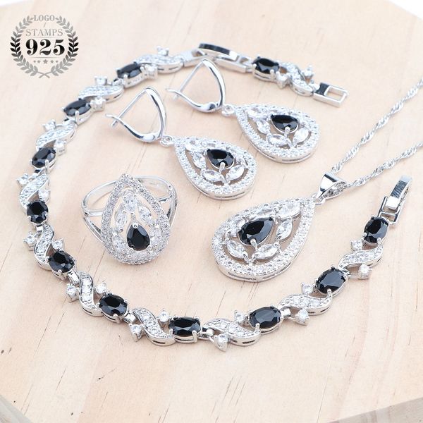 Luxury Black Cubic Zircon 925 Silver Bridal Jewelry Sets for Women Wedding Costume Earrings Ring Bracelet Pendant Necklace Set
