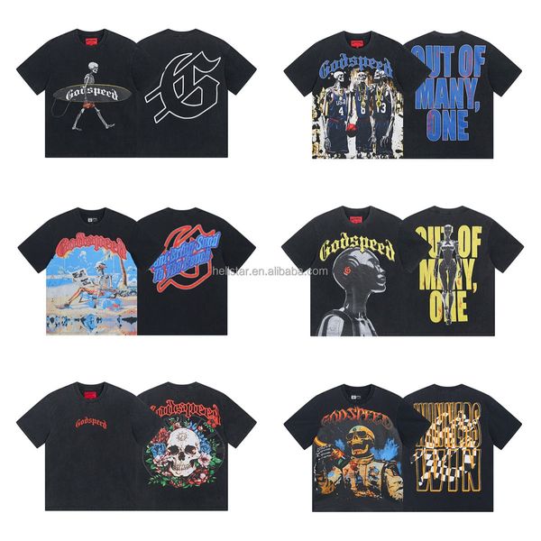 Godspeed Men's Short Sleeve Vintage Printed T-Shirt 100% Cotton Street Wear Oversized Drop Shoulder Original Quality Hip Hop