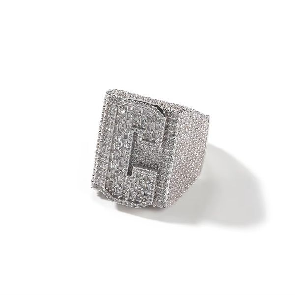 Hip Hop Custom Iced Out Single Baguette Initial Letter Number Square Ring Personalized Rapper Jewelry