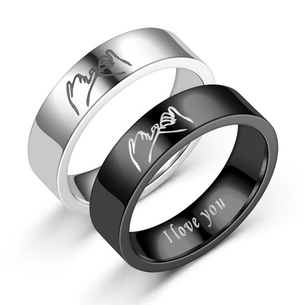 Valentines Day Gift Women Men Friendship Stainless Steel Black Silver Plated Custom Pinky Swear Engraved Promise Ring for Couple